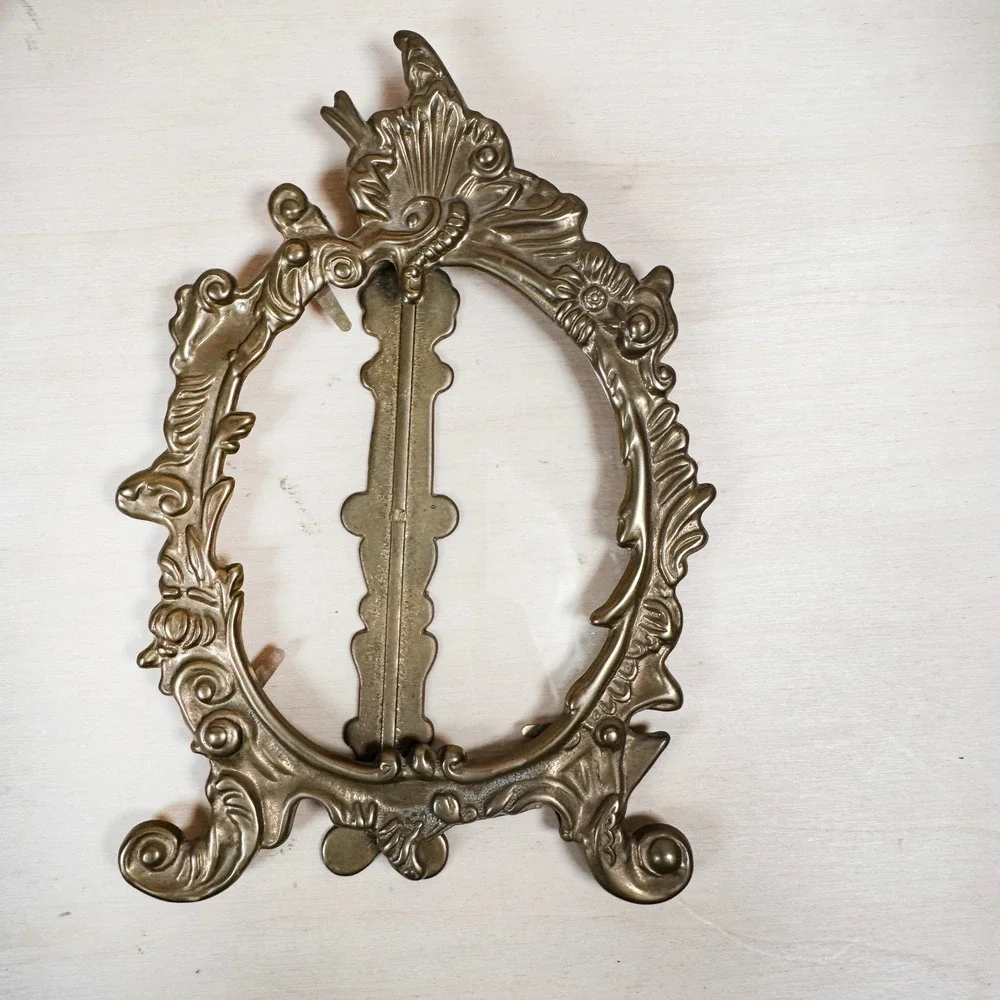 Vintage Brass Rococo Easel Picture Frames Pair Ornate 4x6 & Oval Set